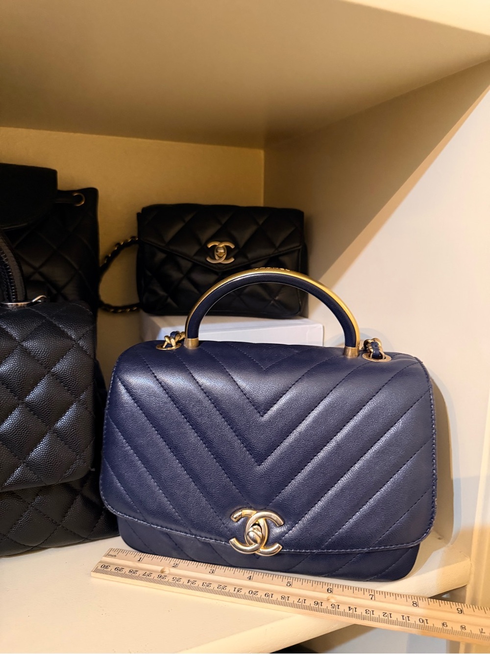 CHANEL Navy Chevron Quilted Metal Top-Handle Flap